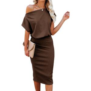 EZBELLE Women's Summer Dress Off The Shoulder Short Sleeve Ribbed Casual Party Bodycon Midi Dresses 4