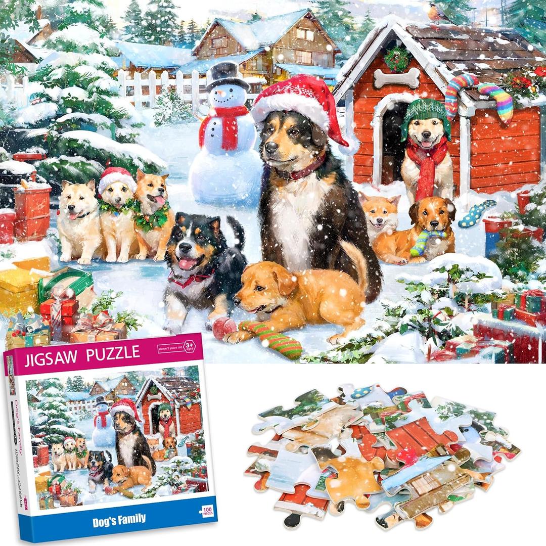 100 Piece Puzzles for Ages 4-8, Dogs Family Christmas Jigsaw Puzzle, Learning Educational Puzzle Toys for Girls and Boys, Xmas Gifts for Kids and Senior