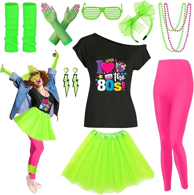 80s Outfit Women Costume Accessories Set T Shirt Shorts Tutu Skirt Neno Party Leg Warmers Headband (Medium)