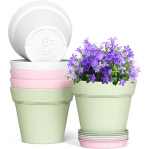 WSMKSZ 6 Inch Thick Plastic Plant Pots with Drainage Holes and Trays 6 Pack Nursery Pots for Indoor & Outdoor House Plants, Seedling Starter Planters for Garden Flowers, Colorful