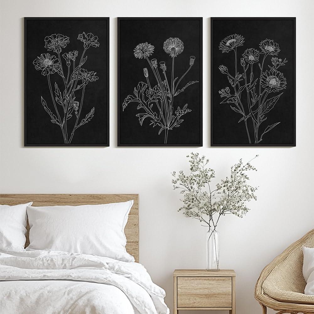 Drsoum Vintage Boho Botanical Flower Wall Art Framed Retro Floral Wall Prints Wildflower Neutral Rustic Bohemain Artwork Kitchen Bedroom Ready to Hang 24x36in Black Framed