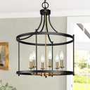 6-Light Black and Gold Drum Chandelier, 21" Brushed Brass Modern Farmhouse Pendant Lighting Fixture for Kitchen Island, Dining & Living Room