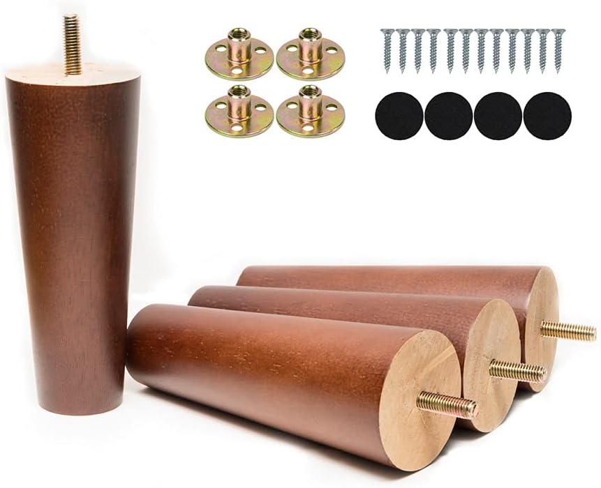 Maricome 6 Inch Wood Furniture Legs Set of 4 Replacement Feet for Cabinet Couch Chair Sofa Legs Mid Century Predrilled M8 Bolt with Mounting Nuts and Screws
