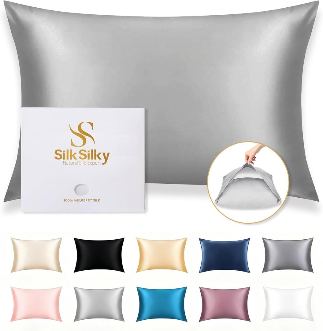 SilkSilky 100% Mulberry Silk Pillowcase - Pure 22 Momme High-Grade 6A Fibers for Hair & Skin, Envelope Closure, Natural, Organic, Breathable & Cooling Pillow Case (Queen, Silver)