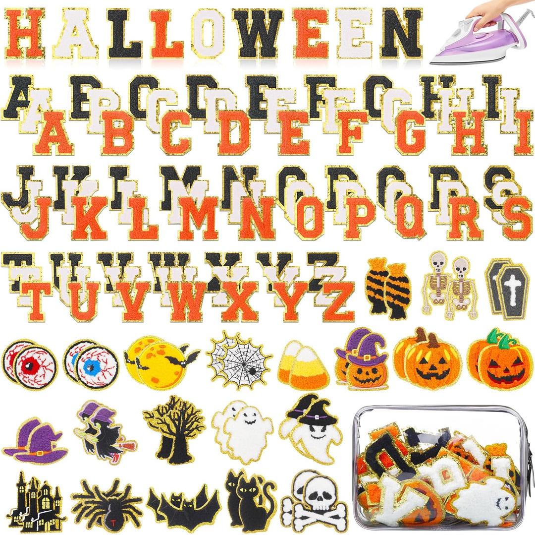 Yilloog 120 Pcs Halloween Patches Include 42 Chenille Patches Pumpkin Ghost Cute Skull Black Cat 78 Letters Patch for Clothing DIY (Halloween Style, Black White Fluorescent Orange)