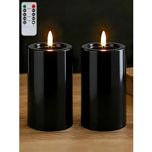 Gmnee 3"x4" Outdoor Waterproof Flameless Candles with Remote Timers Plastic | 2 Pack Battery Operated Candles, LED Candles, Electric Fake Pillar Candles for Patio, Porch, and Lanterns Decor (Black)
