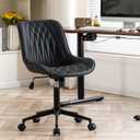 YOUNIKE Black Home Office Desk Chair Armless Comfy Small Ergonomic Rolling Vanity Chair with Wheels Wide Swivel Adjustable Modern Task Chair Back Cute Leather Upholstered Sewing Drafting Chair No Arms