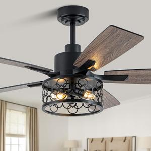 52 Inch Farmhouse Ceiling Fans with Lights and Remote Quiet and Reversible DC Motor Black Industrial Rustic Caged Ceiling Fan for Bedroom Living Room Covered Patio (12-Black)
