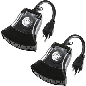 Outdoor Timer Outlet Waterproof, 24 Hour Mechanical Timer Outlet for Home and Garden, 3 Grounded, 15A 3/4HP, Black, 2 Pack