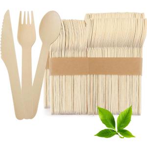 100% Compostable Wooden Cutlery Set 300PCS 160mm 50 Knives, 100 Forks, 150 SpoonsDisposable Wooden Cutlery, Eco Friendly Forks And Spoons Disposable Cutlery Set Party Utensils