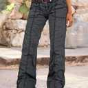 Flamingals Straight Leg Pants for Women Mid Rise Casual Cargo Solid Patch Pockets Stitch Detail Pants (L)