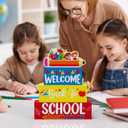 2 x Welcome Back to School Table Decorations, 1st Day of School Wooden Block Sign Pencil Centerpieces for Party, The First Day Banner, Classroom Decor for Kids Teacher Desk Gifts, Tiered Tray and TableTop