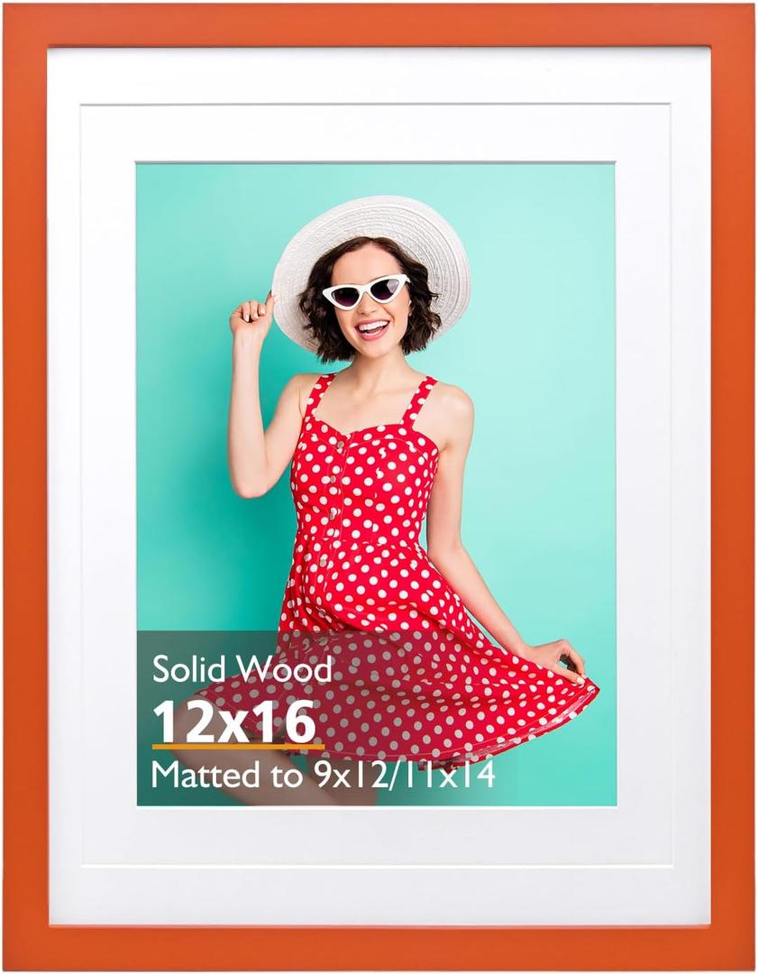 KINLINK 12x16 Picture Frame, Orange Solid Wood Frame with Acrylic Plexiglass for Pictures 11x14/9x12 with Mat or 12x16 without Mat,Wall Display Photo Frame 1 Pack