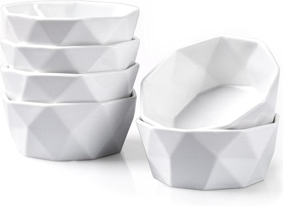DELLING 4 Oz Ramekins Set of 6, Porcelain Creme Brulee Ramekins Oven Safe, Geometric Souffle Dishes for Baking Dessert Ice Cream, Small Ceramic Bowls Dishwasher Microwave Freezer Safe, White