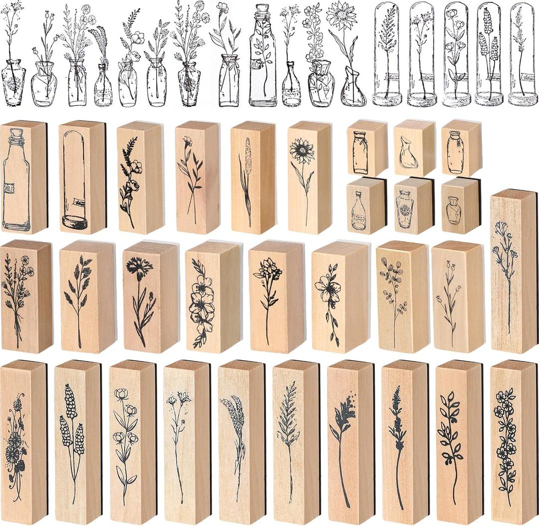 Marspark 31 Pcs Flower Wooden Rubber Stamps for Crafting Vintage Plant Decorative Cute Wood Mounted Stamps Set for DIY Scrapbook Journaling Letter Diary Planner Decoration