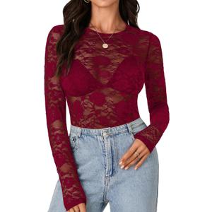 LYANER Women's Sexy Mesh Top Floral Long Sleeve See Through Shirt Lace Sheer Blouses (Wine Red), S