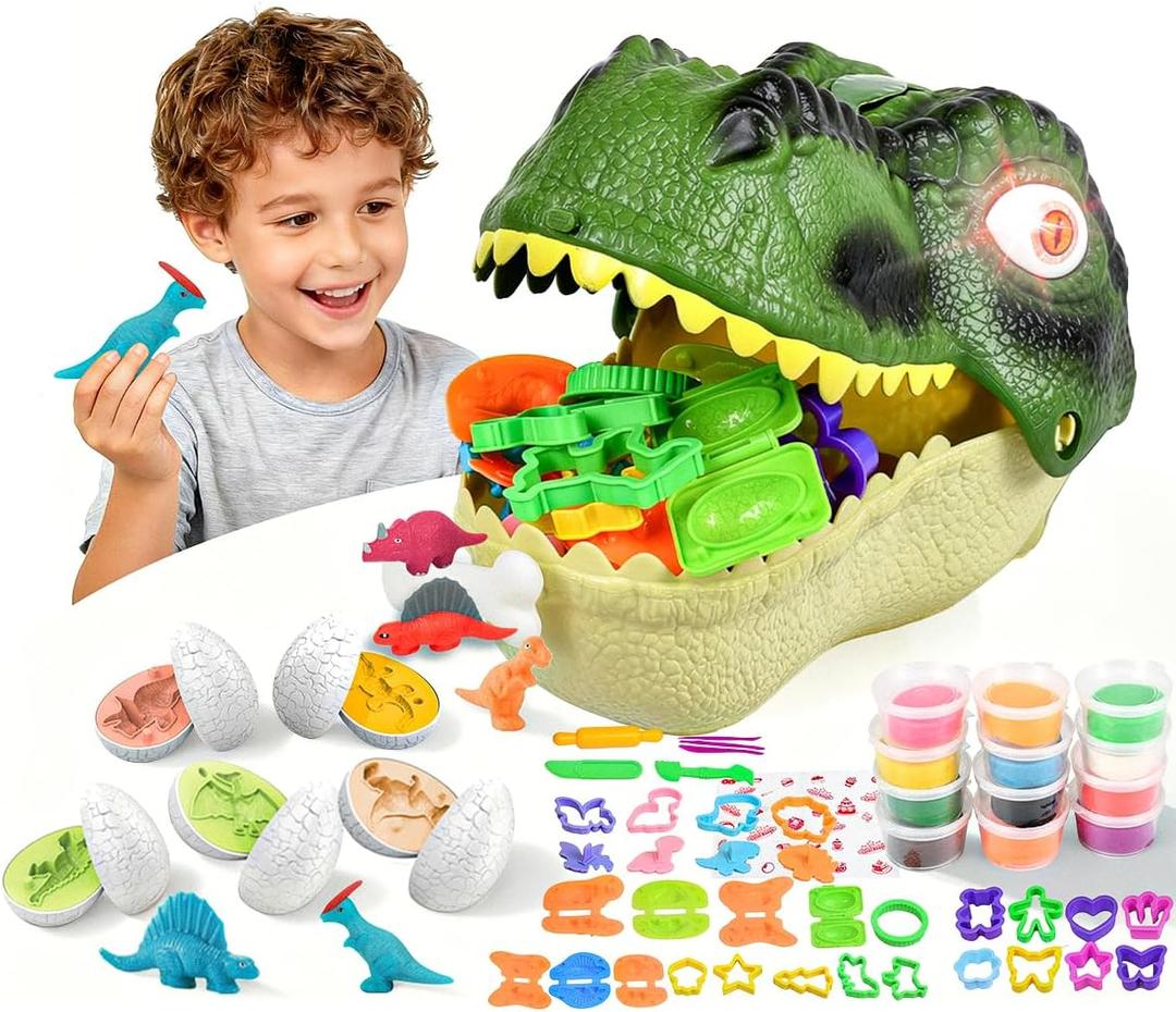 Dinosaur Toys Kids Dough Playset, 55PCS Dino Toys Kit with Molds & Clay, Make Dinosaurs or Create Your Own Models, Storage Case Gift for Boys & Girls Ages 3-8