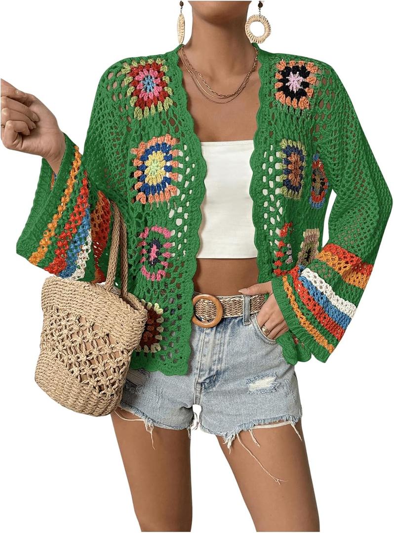 SHENHE Women's Floral Crochet Cardigan Hollow Out Open Front Long Sleeve Cardigan Sweater (Large, Green)
