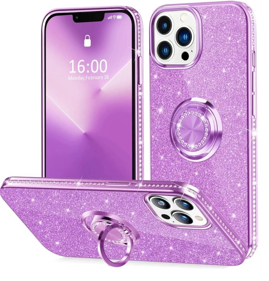 2 Pack Thomo Compatible with iPhone 13 Pro Max Case,[Bling Kickstand] Cute Glitter Slim Bumper Diamond Cover Ring Holder Full-Body Protective Phone Case for iPhone 13 Pro Max Women Girls -Purple