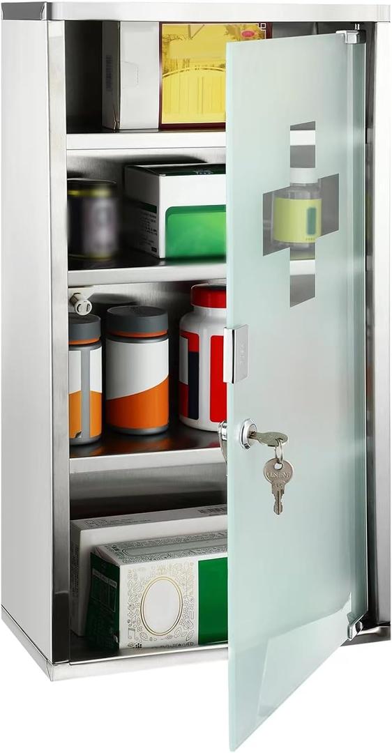 Timgle First Aid Wall Cabinet with Lock Medicine Wall Mounted Bathroom Storage Hanging Medical Cabinet with Safety Glass Door for Bathroom(4 Shelves,Silver)