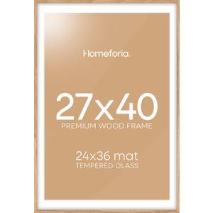 Homeforia Wood Poster Frame 27x40, High End Natural Oak 27 x 40 Large Picture Frame with Mat 24 by 36, 27x40 Light Wooden Frames Matted to 24x36, 40x27 Movie Frames, Tempered Glass, Wall Kit, Set of 1