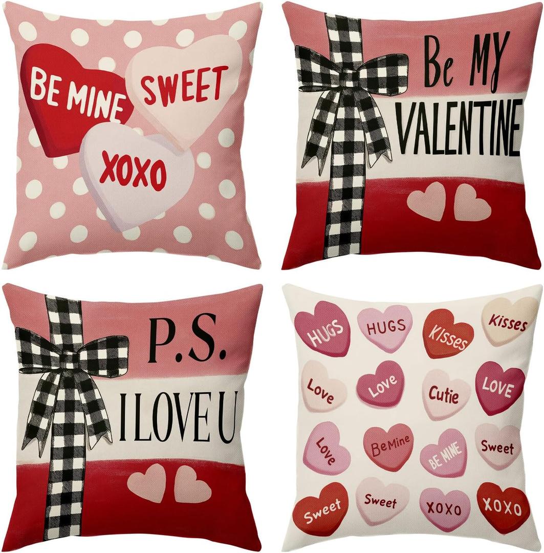 BBOLDIN Valentine's Day Throw Pillow Covers 18x18 Couch Cushion Covers, Buffalo Plaid Bow Decorations for Bedroom Home, Red Pink Farmhouse Pillow Cases Heart Decor Set of 4