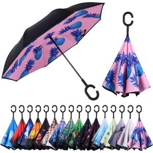 Inverted Umbrella, Windproof Reverse Umbrellas for Rain with Reversible Inside-Out Design Large Upside Down Umbrella for Women & Men with C-shaped Handle (Pineapple)
