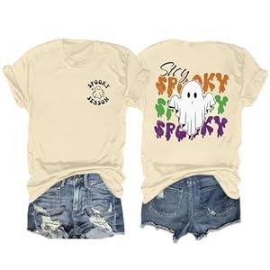 Halloween Shirts for Women Oversized Fall Season Shirt Retro Halloween Boo Graphic Casual Short Sleeve Tops (Large)