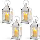 White Vintage Lantern Decorative LED Flickering Flameless Candle with Timer, Battery Powered LED Decorative Hanging Lanterns for Indoor Outdoor Wedding Garden Yard Home Decor(4 Pack)