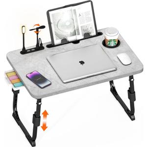 Laptop Desk for Bed Height Adjustable, Lap Bed Table with USB/Storage Drawer/Cup Holder/Tablet Stand/Book Shelf, Foldable Breakfast Tray Portable for Reading Writing, Sofa & Floor, Light Stone Texture