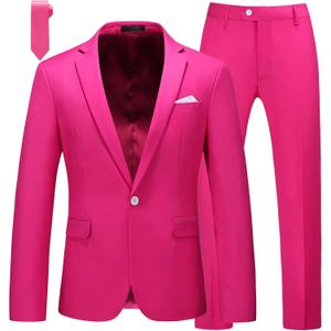 MOGU Men's Slim Fit 2-Piece Tuxedo Suit One-Button Jacket & Pants Set for Wedding, Prom, and Formal Events (44, Hot Pink)