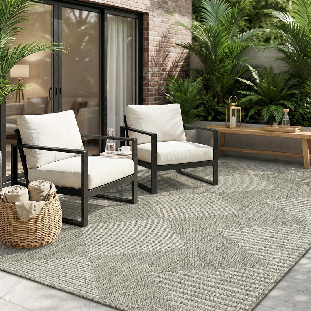 MontVoo-Outdoor Rug Carpet Patio Rug 5x7 ft Polypropylene Indoor Outdoor Rugs for Patio Deck Balcony Porch, Textured Weave, Durable for High Traffic, Fade-Resistant, Boho Geometric Silver Grey