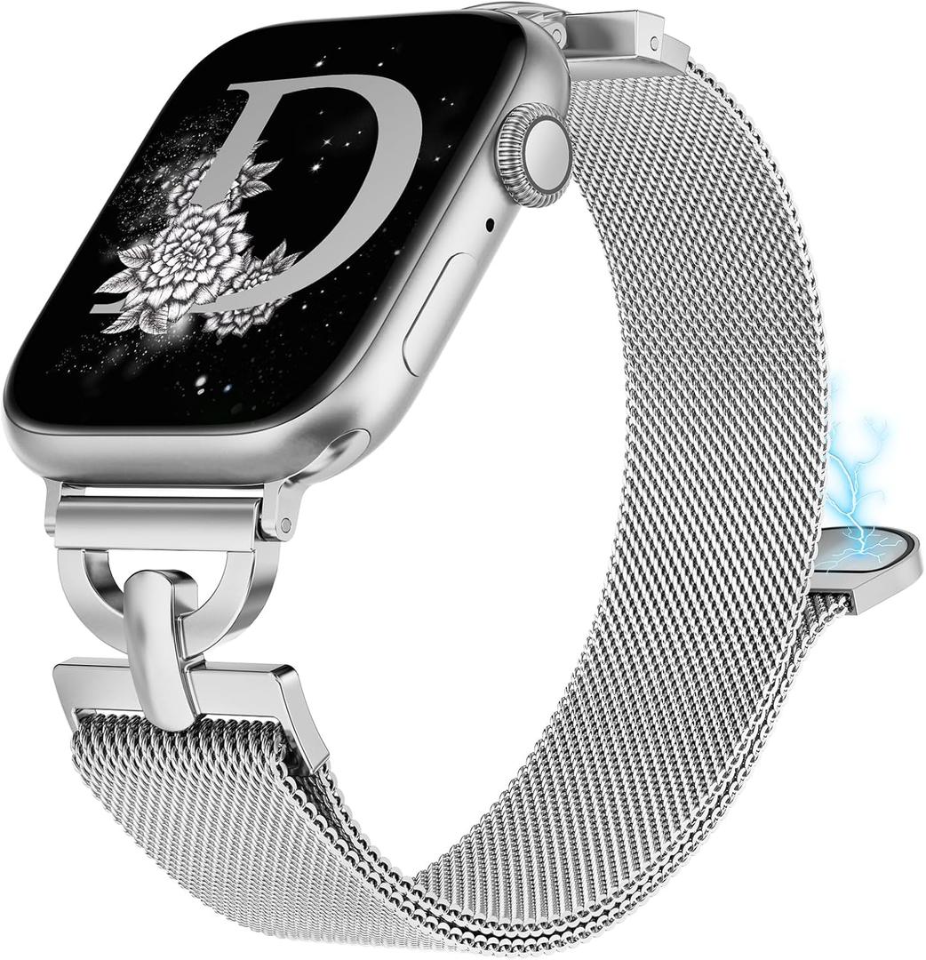 Stainless Steel Magnetic Loop Compatible with Apple Watch Band 38mm 40mm 41mm 42mm Women Metal Mesh D-shaped Clasp Strap for iWatch SE Series 10/9/8/7/6/5/4/3/2/1/Ultra(1/2) Silver