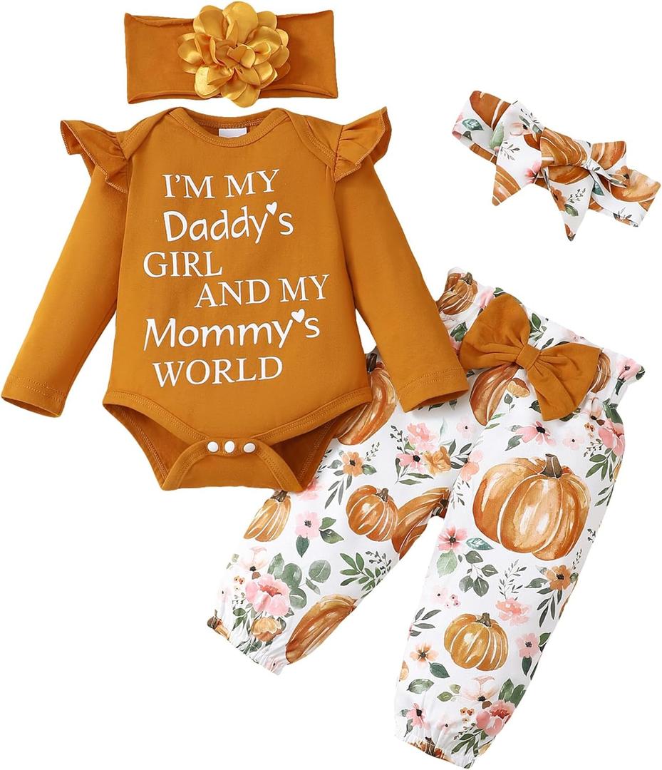 SUNNY PIGGY Newborn Infant Baby Girl Clothes Ruffle Romper Toddler Girl Floral Cotton Pant Sets Girls Clothing Outfit (0-3 Months, Halloween-brown)