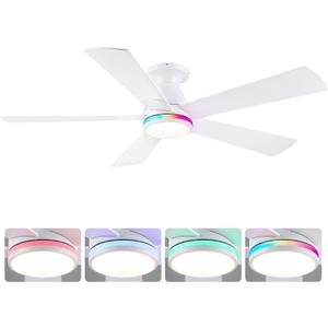 52" Flush Mount RGB Ceiling Fans with Lights - White Low Profile Ceiling Fan Light with Remote/APP, RGB+3CCT 6 Wind Speeds and Reversible, Modern Fan Light Fixture for Party, Kiad's Room