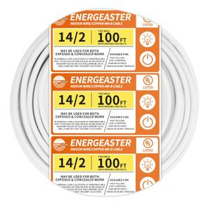 Energeaster Solid Indoor 14/2 W/G NMB Cable 100ft CoilElectrical Wire 14 Gauge Wire 2 Conductors Non-Metallic with Ground Wire(White)