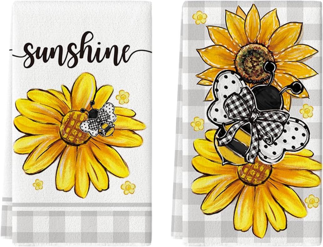 Artoid Mode Buffalo Plaid Sunflowers Bee Sunshine Spring Kitchen Towels Dish Towels, 18x26 Inch Farmhouse Summer Floral Decoration Hand Towels Set of 2 (Beige)