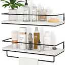ZGO Floating Shelves for Wall Set of 2, Wall Mounted Storage Shelves with Black Metal Frame and Towel Rack for Bathroom, Bedroom, Living Room, Kitchen, Office (White)