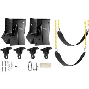 Heavy Duty Children Swing Set Hardware Replacement Kit Including 2 Swing Brackets 4 Swing Hangers 2 Black Swing Seats for Outdoor Play Sets Playground Equipment Parts Hardware Included (H2SB)
