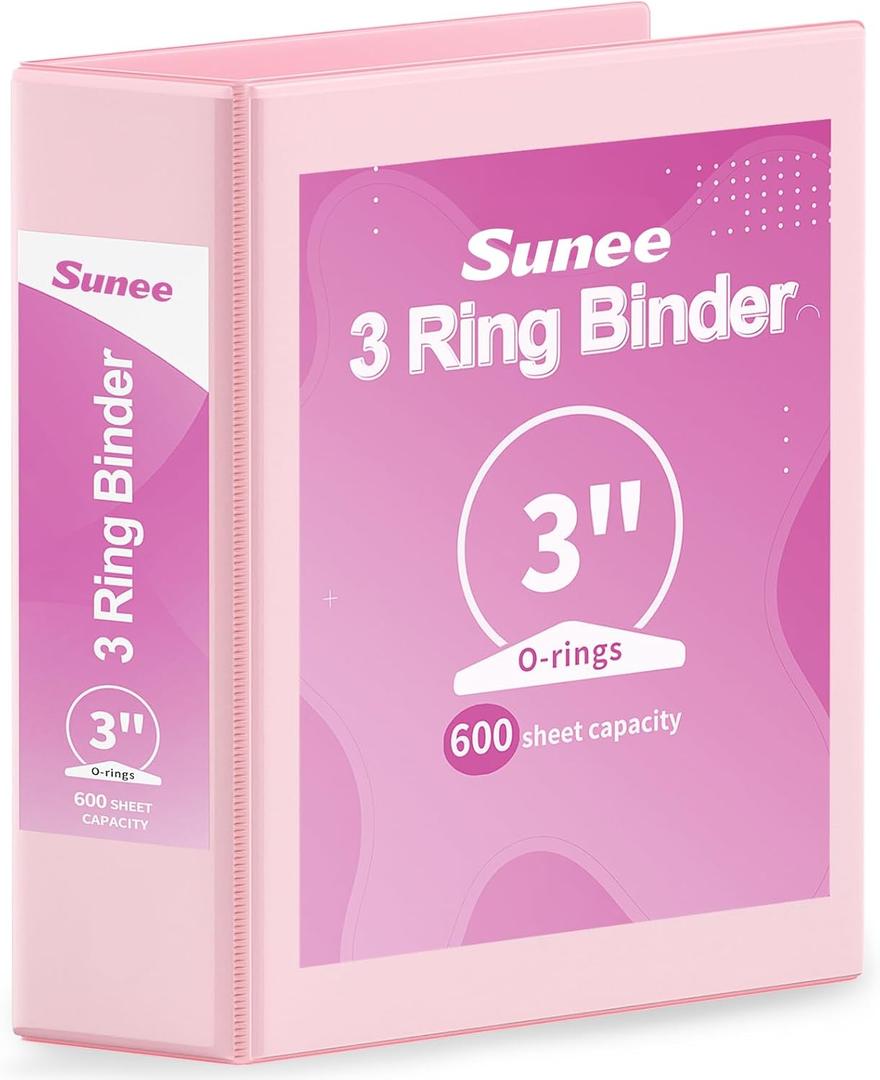 SUNEE 3 Ring Binder 3 Inch 1 Pack, Clear View Binder Three Ring PVC-Free (Fit 8.5x11 Inches) for School or Office Supplies, Pink