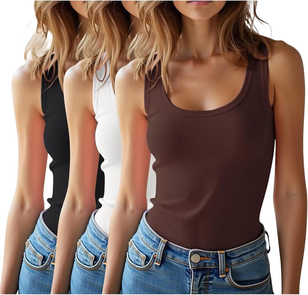 3 Pieces Womens Sleeveless Ribbed Tank Tops Summer Casual Basic Slim Fit Racerback Top Shirts (Large, Black, White, Brown)