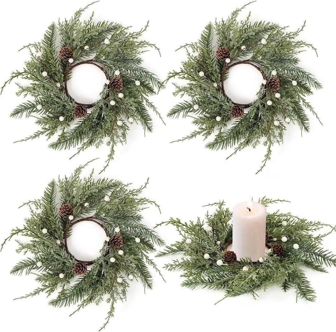 6 PCS Christmas Wreath Candle Rings Mini Wreath Pine Garland Artificial Frosted Cedar and Pine Cone Candle Rings Holder for Christmas Wedding Home Table Centerpiece Door Window Chair Wall (Farmhouse)
