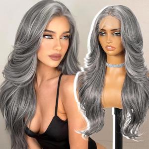 Grey Synthetic Lace Front Wig, 13x4 HD Lace Long Layered Wave Glueless Wigs for Women Daily Use 26IN