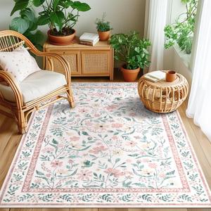 SHACOS 4x6 Boho Area Rugs for Living Room, Machine Washable Floral Carpet for Bedroom Non Slip Soft Nursery Rugs for Kids Room Dining Room Entryway Indoor, Pink