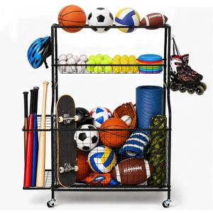 DuraMax Sports Storage Rack for Garage with Wheels, Ball Storage Rack and Sports Equipment Storage Rack, Garage Sports Organizer with Mesh Bin, Basket, Hooks and Bat Rack