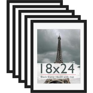 18x24 Frame Black 5 Pack, Display Pictures 16x20 with Mat or 18 x 24 without Mat with HD Plexiglass Durable and Scratch-proof for Horizontal or Vertical Wall Mounting