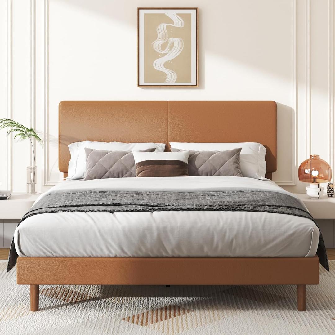 King Bed Frame with Adjustable Headboard, Faux Leather Upholstered Platform Bed Frame, No Box Spring Needed, Noise-Free, Easy Assembly, Orange