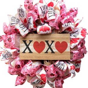 Idyllic 18 Inch Valentines Day Mesh XOXO Heart Red and Pink Wreath, Front Door Heart Ribbon Mesh Wreath for Wedding Decor, XOXO Signed Wreath for Indoor and Outdoor