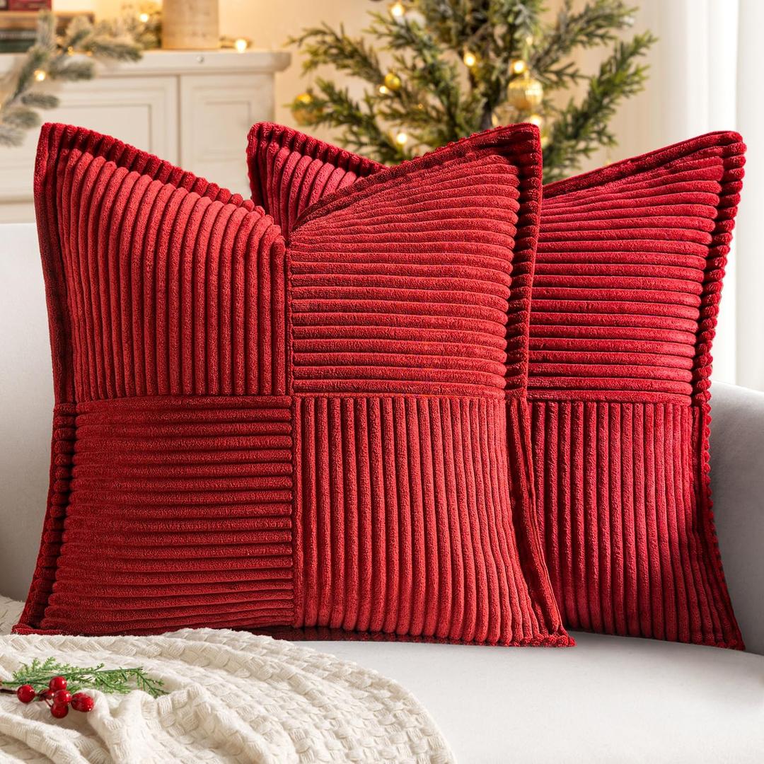 MIULEE Christmas Decorative Throw Pillow Covers for Couch Bed Livingroom 18x18 Inch Set of 2 Red Boho Accent Throw Pillows Broadside Striped Patchwork Soft Corduroy Pillowcases