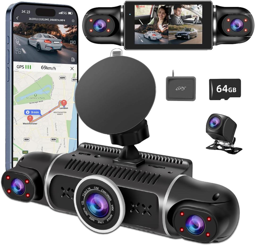 360 Dash Cam Front and Rear View 4 Channel Dash Camera FHD 2K+1080Px3 for Car, Inside/Back 170+2x150+170 Wide Angle, 8 IR Lamps Night Vision,WiFi,GPS, APP,G-Sensor with 64GB Card,24/7 Parking Mode